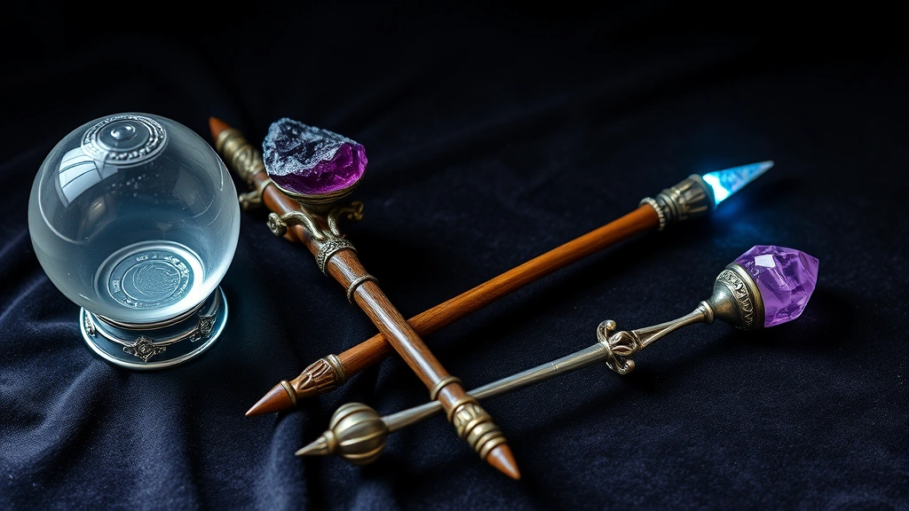 A collection of different arcane focuses arranged on velvet cloth: crystal orb, wooden staff topped with amethyst, silver wand, and gemstone rod, each with subtle magical glows, photorealistic detailed craftsmanship