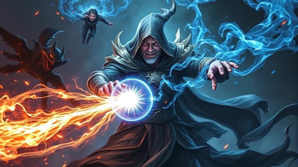 Sorcerer channeling magical energy through a shimmering orb focus during combat, surrounded by swirling magical auras and spell effects, photorealistic fantasy art