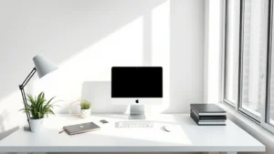 Minimalist desk workspace with single focused task setup, clean white surface, soft natural window light creating calm atmosphere, photorealistic