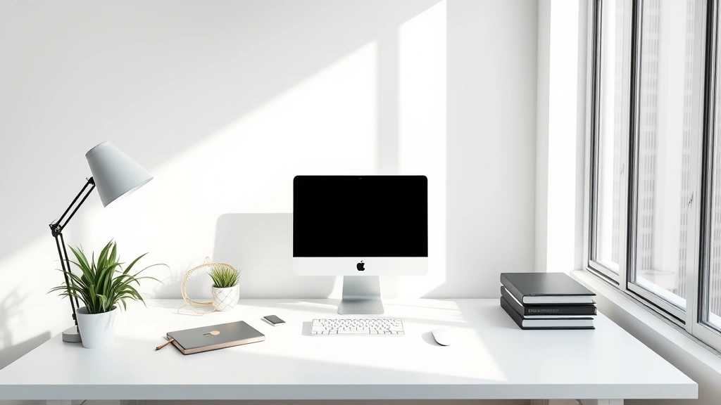 Minimalist desk workspace with single focused task setup, clean white surface, soft natural window light creating calm atmosphere, photorealistic