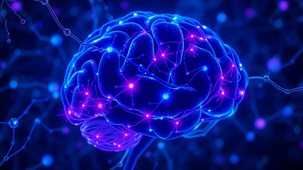 Brain neural network visualization showing interconnected neurons glowing with blue and purple light, abstract yet scientific, photorealistic style