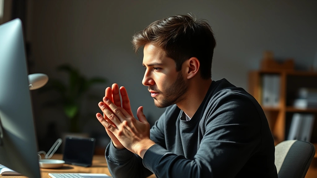 Person in deep concentration at workspace, hands near face thoughtfully, peaceful expression, natural lighting, photorealistic professional photography