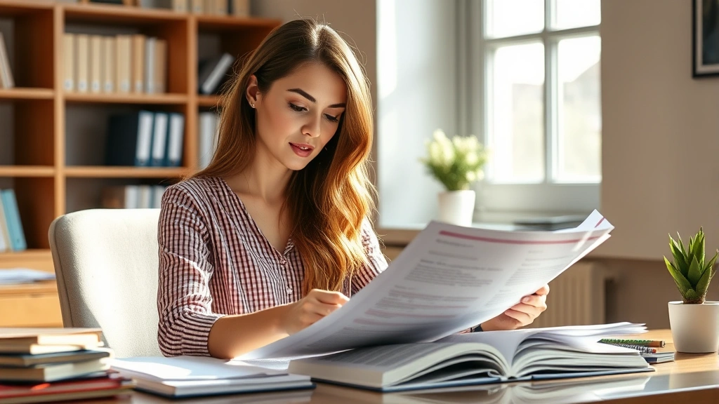 Woman sitting at desk reviewing research documents and journals, focused expression, natural lighting from window, warm professional environment