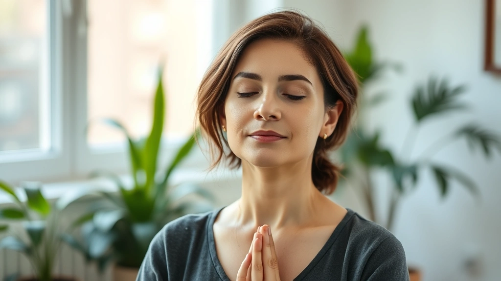 Woman in thoughtful pose during meditation or mindfulness practice, peaceful expression, soft natural light, serene indoor setting with plants