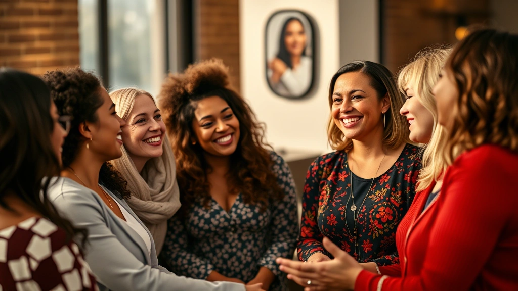 Group of diverse women in supportive conversation circle, genuine smiles and engaged body language, warm lighting, inclusive and welcoming atmosphere