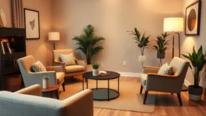 Warm, professional therapy office setting with comfortable seating, soft lighting, and calming neutral tones creating safe, welcoming environment for mental health consultation