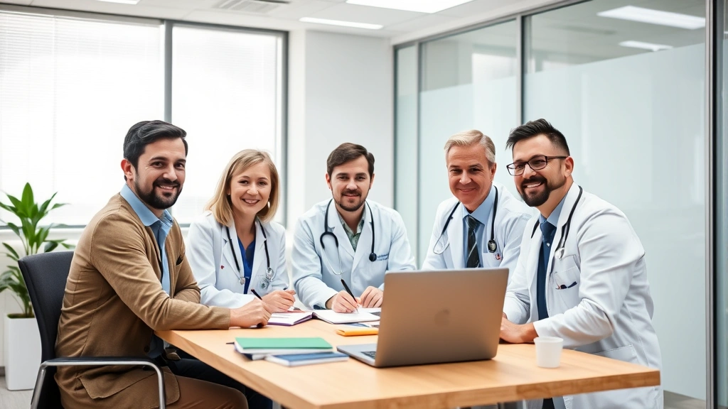 Diverse group of mental health professionals in modern clinical setting collaborating around desk with digital health records, representing integrated care team approach