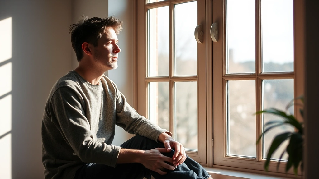 Person sitting peacefully by large window with natural light, looking thoughtful and calm, suggesting mental wellness, clarity, and therapeutic progress in healing journey