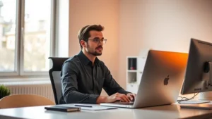 Person sitting at modern office desk with warm LED lighting, natural window light streaming in, relaxed posture, focused expression, minimalist workspace, bright and calm atmosphere