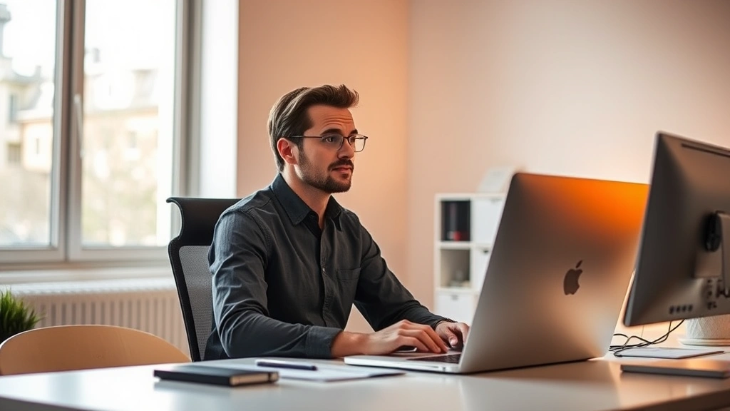 Person sitting at modern office desk with warm LED lighting, natural window light streaming in, relaxed posture, focused expression, minimalist workspace, bright and calm atmosphere