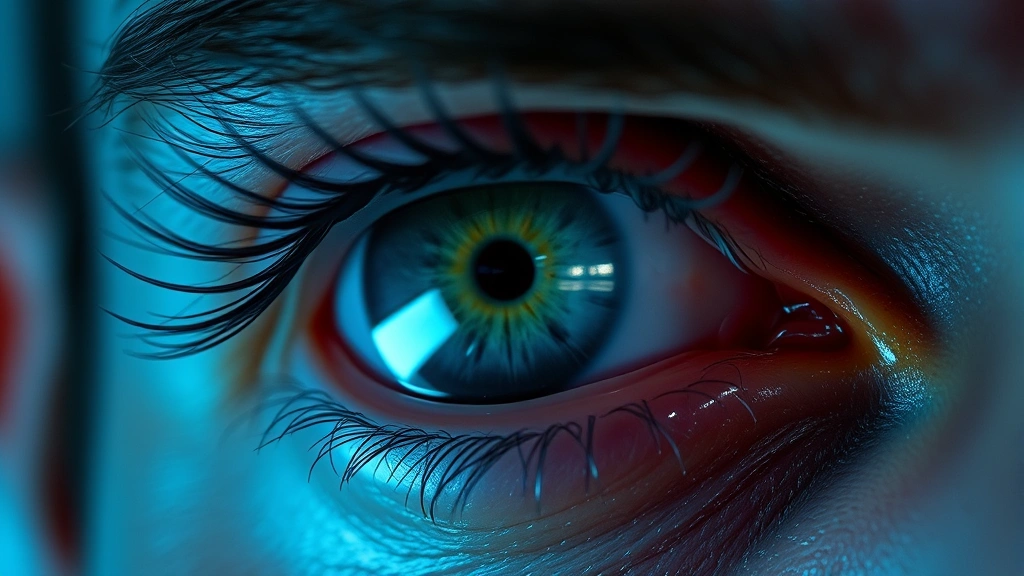 Close-up of eye with visible strain, harsh fluorescent light panels reflected in pupil, tired expression, cool blue-tinted lighting background, photorealistic detail