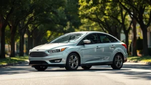 Photorealistic image of a silver Ford Focus sedan parked on a tree-lined suburban street, sunlight reflecting off clean paintwork, professional automotive photography style