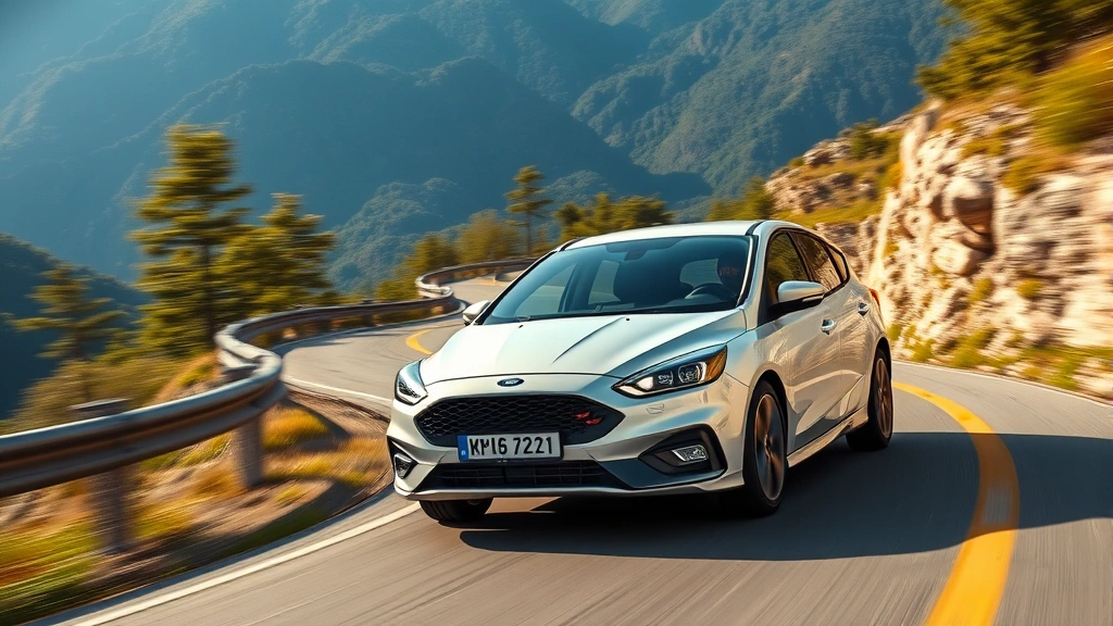Dynamic photorealistic shot of a Ford Focus hatchback on a winding mountain road, showcasing responsive handling and agile driving characteristics, motion blur in background