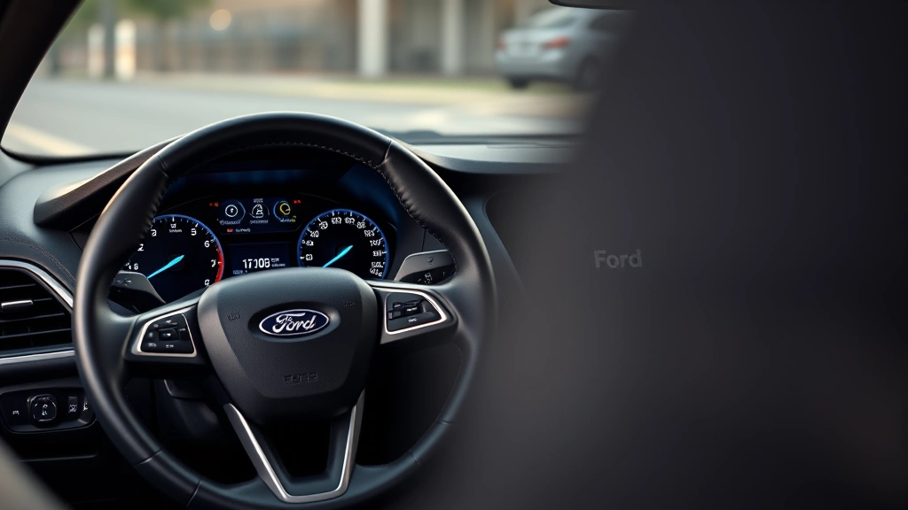 Close-up photorealistic interior dashboard of modern Ford Focus showing steering wheel, infotainment system, and modern gauge cluster with clean minimalist design