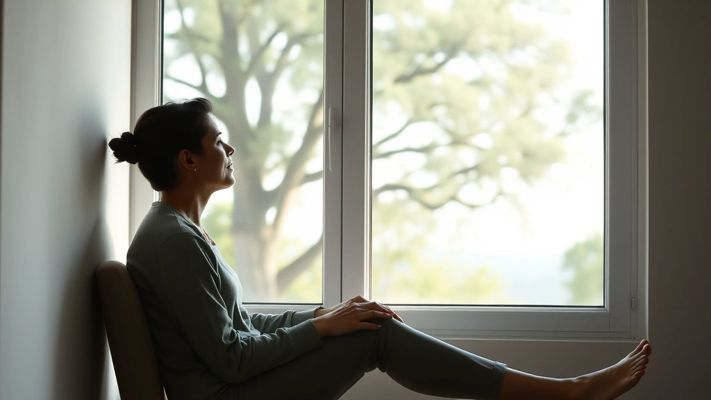 Person sitting peacefully by a window overlooking nature, soft natural light, relaxed posture, serene expression, minimalist home interior, warm atmosphere