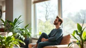 Person sitting peacefully by a window with natural light streaming in, looking calm and reflective, surrounded by plants and comfortable furniture, serene indoor environment