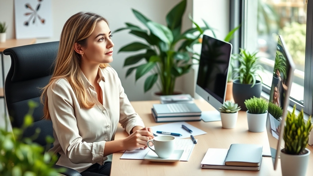 Professional woman at desk with organized workspace, coffee cup, plants, looking thoughtfully out window, balanced work environment, natural lighting, peaceful demeanor