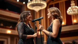 Two female performers on a grand stage with professional lighting, sharing a microphone moment, focused expressions, concert hall setting with elegant backdrop