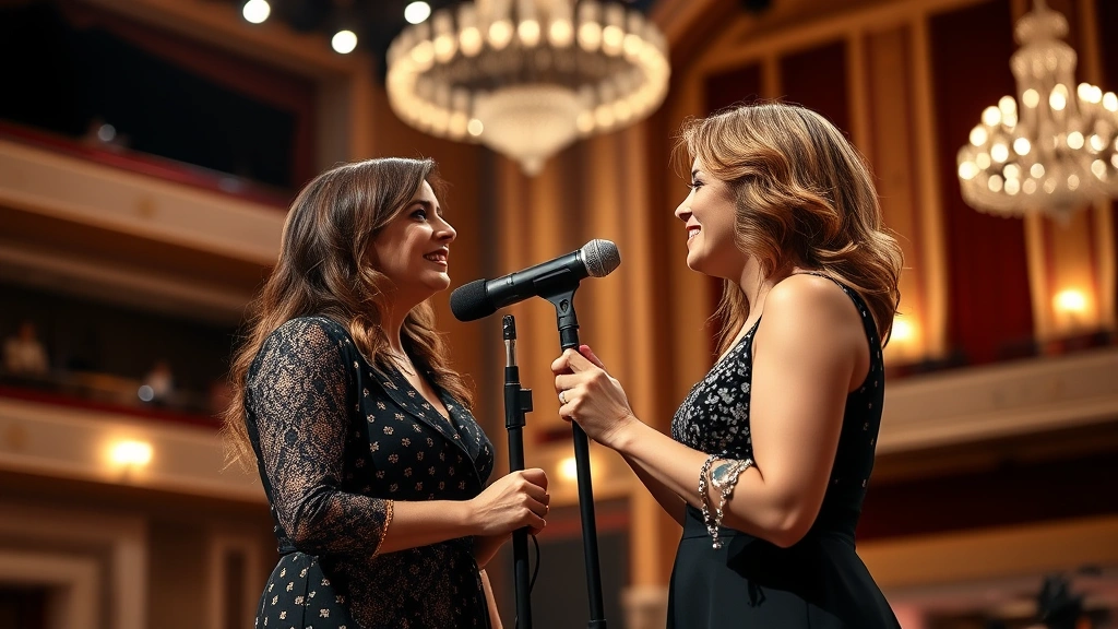 Two female performers on a grand stage with professional lighting, sharing a microphone moment, focused expressions, concert hall setting with elegant backdrop