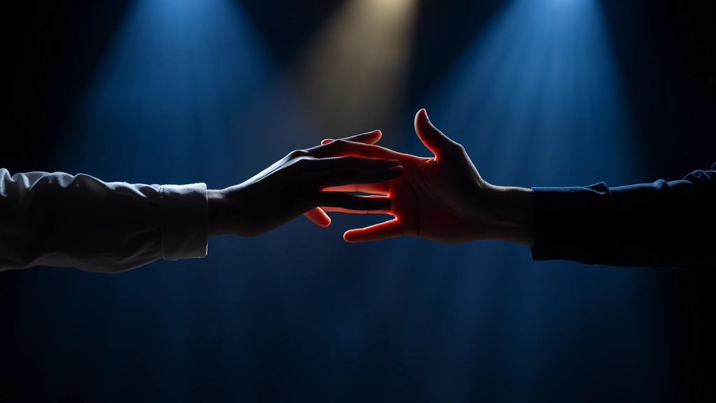 Close-up of two hands joining together mid-performance gesture, stage lights creating dramatic shadows, showing unity and collaboration between performers