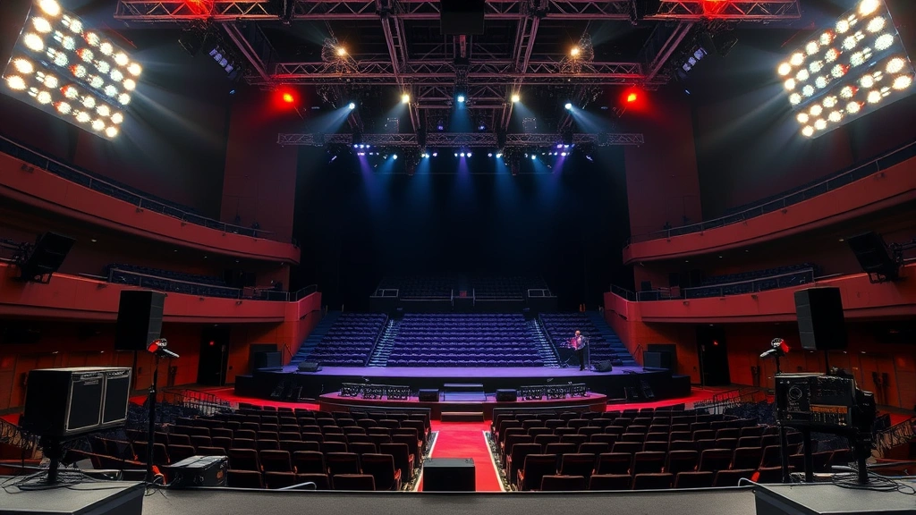 Wide shot of an elaborate stage setup with professional sound equipment, dramatic lighting rigs overhead, empty audience seating visible, ready for live performance