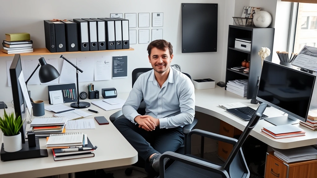 Professional person at sleek modern desk surrounded by organized systems, notebooks, and productivity tools, focused and calm expression, minimalist workspace design
