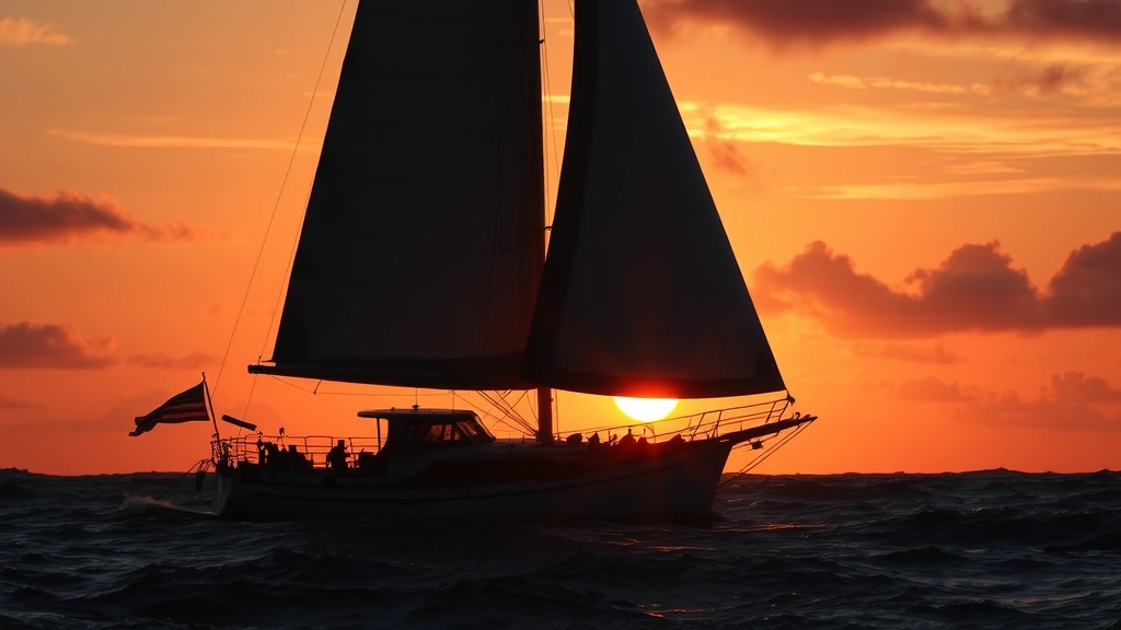 Silhouette of a strong sailing vessel navigating through choppy waters at sunset, symbolizing resilience and steady progress through challenging conditions