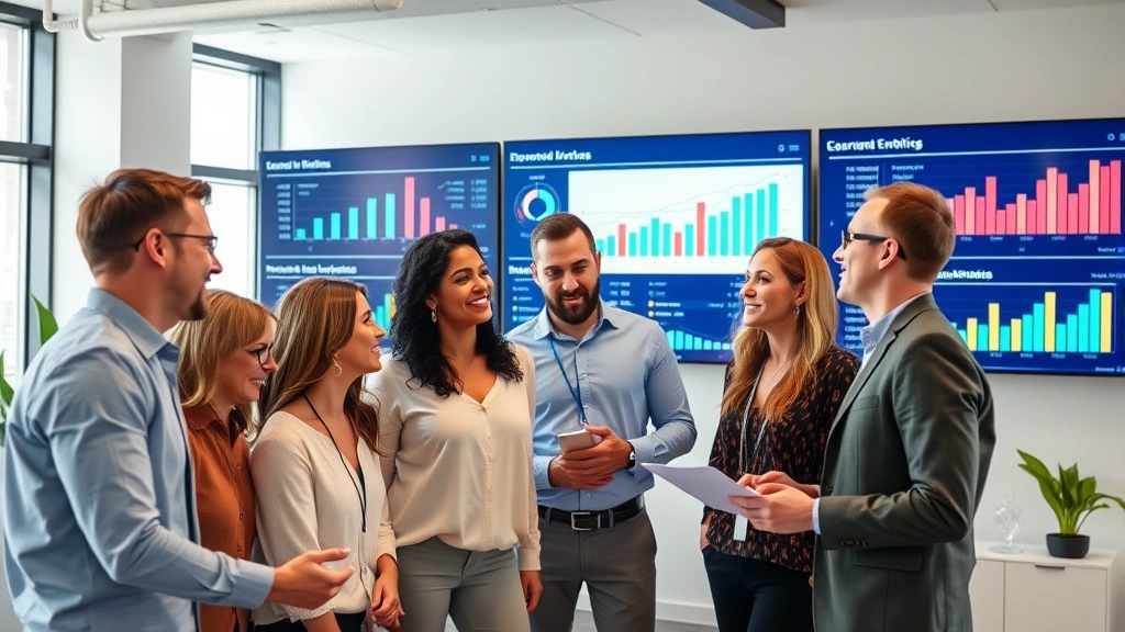 Team of professionals collaborating in a bright office, reviewing performance metrics on large display screens, engaged and motivated expressions