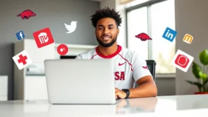 Professional student-athlete in Arkansas gear sitting at modern desk with laptop, surrounded by social media icons and brand logos floating in air, confident focused expression, natural daylight from window