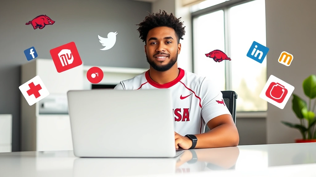 Professional student-athlete in Arkansas gear sitting at modern desk with laptop, surrounded by social media icons and brand logos floating in air, confident focused expression, natural daylight from window