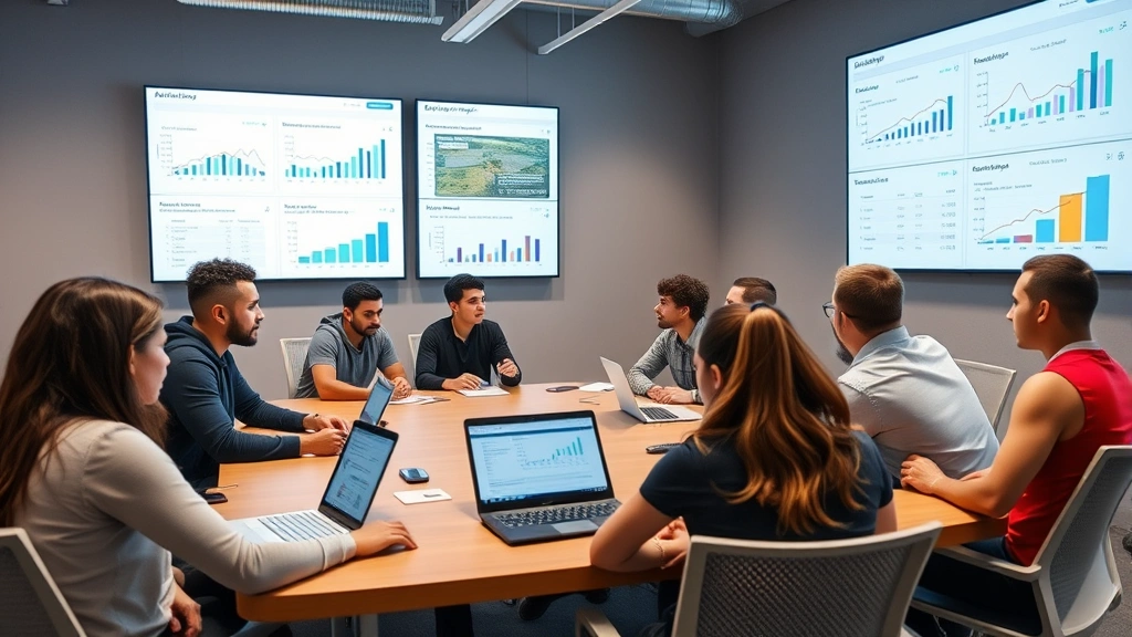 Dynamic diverse group of college athletes in a modern athletic facility conference room reviewing analytics charts and performance metrics on large screens, engaged and collaborative atmosphere