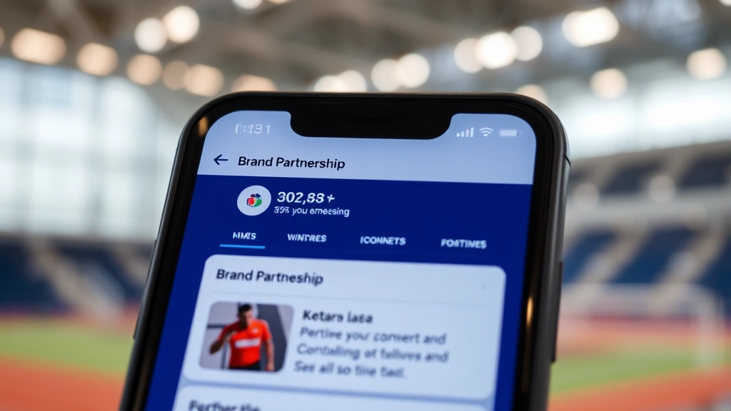 Close-up of smartphone screen displaying social media engagement metrics and brand partnership notifications, with blurred athletic facility background, modern minimalist design aesthetic