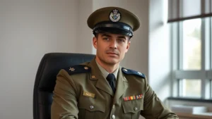 Military service member in dress uniform sitting in professional office setting with calm, focused expression, soft natural lighting through windows, neutral background