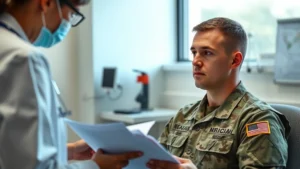 Military recruit in professional medical evaluation setting with healthcare provider reviewing documents, calm clinical atmosphere, natural lighting, focused and serious expressions