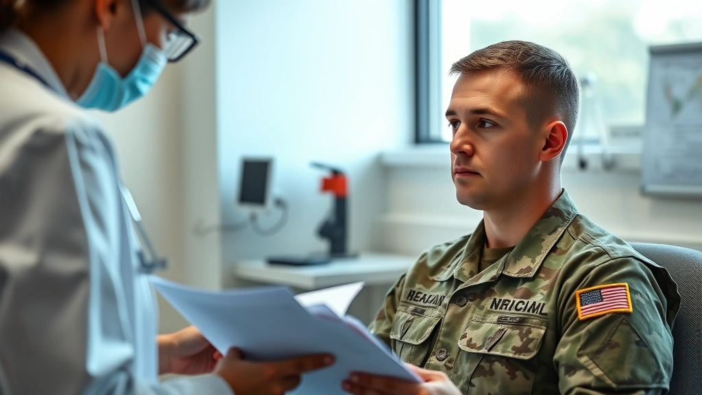Military recruit in professional medical evaluation setting with healthcare provider reviewing documents, calm clinical atmosphere, natural lighting, focused and serious expressions