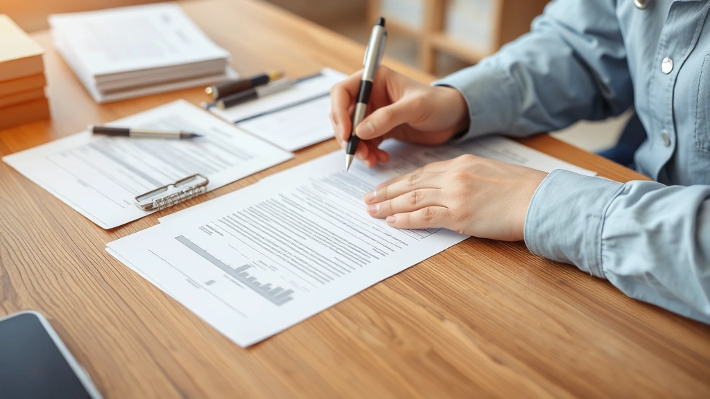 Person reviewing medical documents and forms on wooden desk with professional organization, pen poised thoughtfully, warm indoor lighting, no text visible on papers