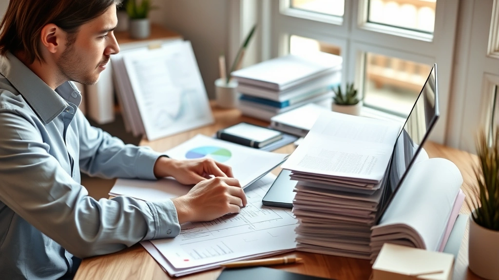 Person organizing medical files and documents at desk with laptop, strategic planning materials, organized folders, natural workspace lighting, concentrated professional demeanor