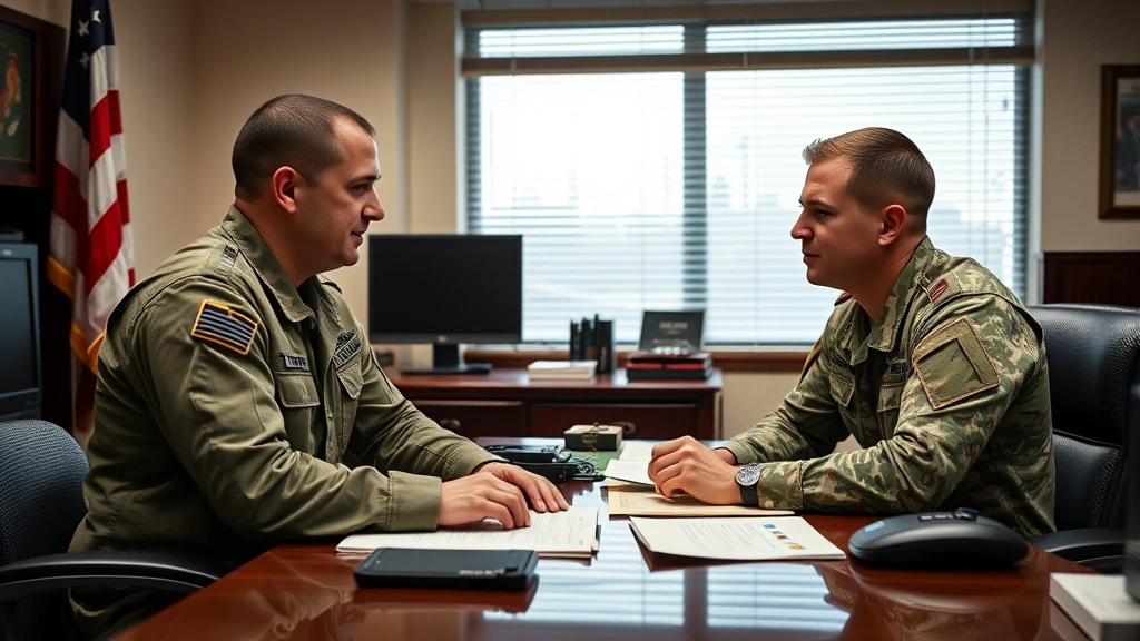 Military recruiter and potential recruit having serious, respectful conversation across desk in official office, both appearing engaged and professional, warm tones