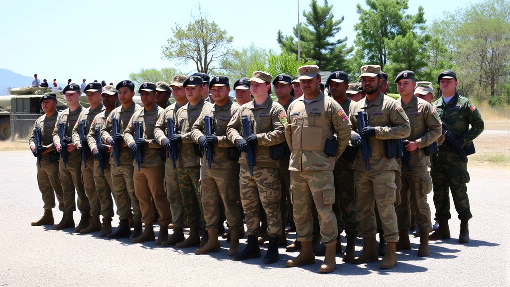 Diverse military personnel in formation outdoors during training, confident postures, supportive team environment, clear daylight, showing readiness and cohesion