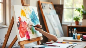 Person painting on canvas with vibrant colors, focused expression, natural studio lighting, watercolor and acrylic brushes visible on wooden table