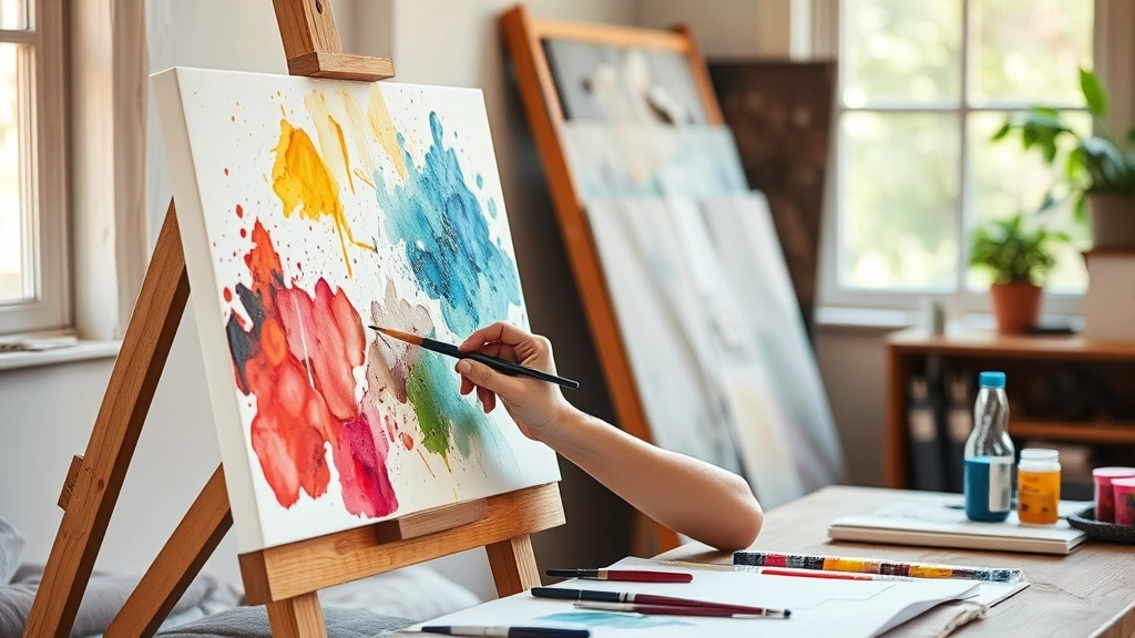 Person painting on canvas with vibrant colors, focused expression, natural studio lighting, watercolor and acrylic brushes visible on wooden table
