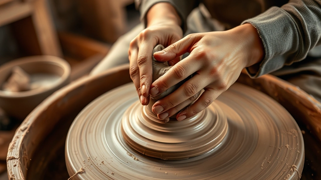 Hands sculpting clay on pottery wheel, earthy clay texture, soft warm studio light, focused concentration, clay dust in air