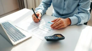 A person reviewing financial documents at a clean desk with a calculator and laptop, showing focused concentration on loan paperwork, natural lighting from window