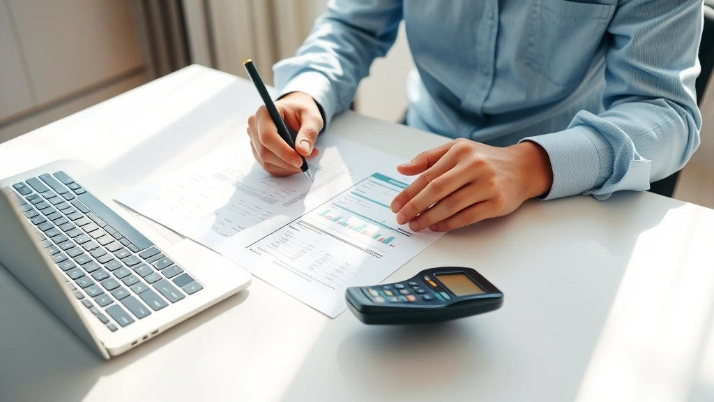 A person reviewing financial documents at a clean desk with a calculator and laptop, showing focused concentration on loan paperwork, natural lighting from window