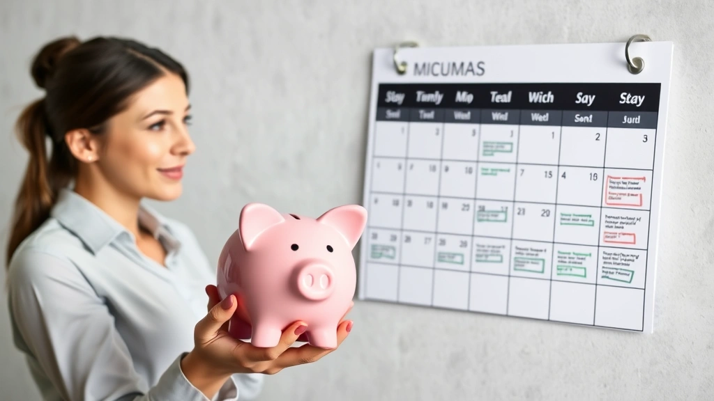 A professional woman holding a piggy bank while looking at a calendar marking milestones, symbolizing financial progress and long-term planning achievement