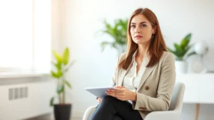 A professional woman sitting in a bright, modern office with soft natural light, holding a notepad, appearing focused and attentive, minimalist interior design with plants