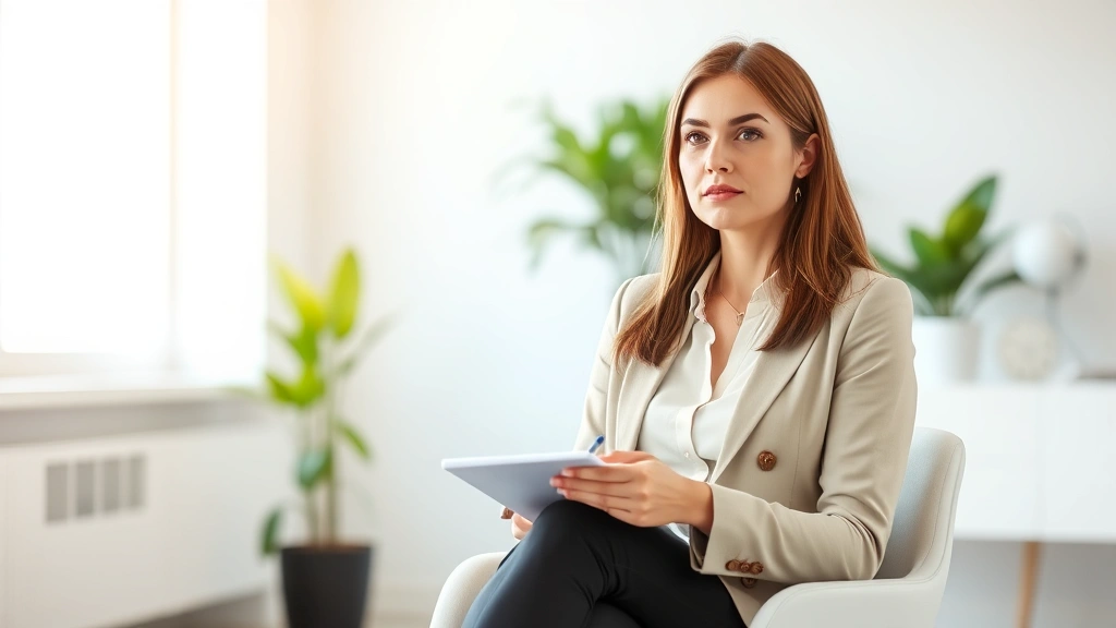 A professional woman sitting in a bright, modern office with soft natural light, holding a notepad, appearing focused and attentive, minimalist interior design with plants