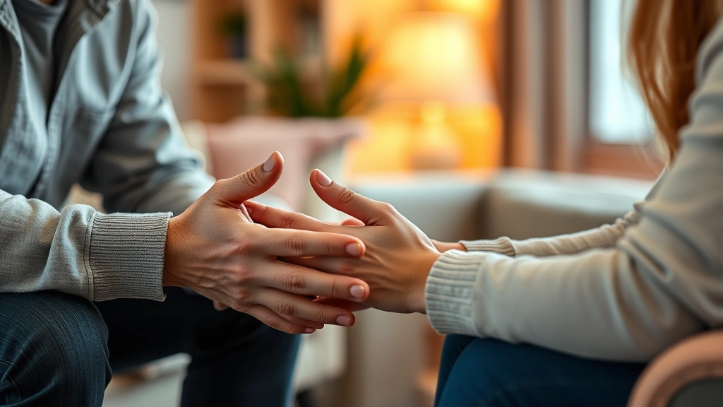 Close-up of hands during a meaningful conversation in a calm therapeutic setting, warm lighting, comfortable furniture visible, serene atmosphere