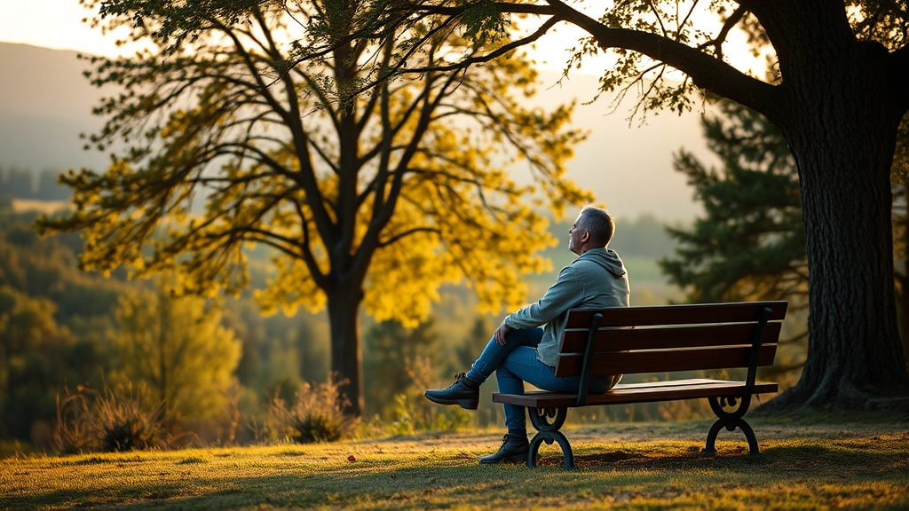 Person sitting peacefully outdoors on a bench surrounded by nature, trees and soft natural landscape, looking contemplative and calm, golden hour lighting
