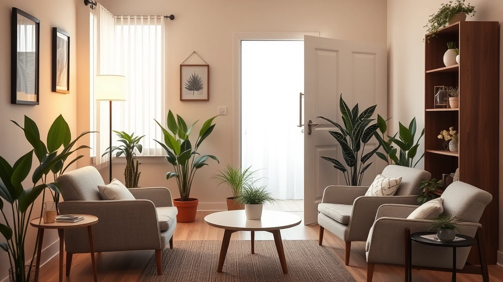 Professional therapist's office with comfortable seating, warm lighting, plants, and an open door, conveying welcoming mental health environment